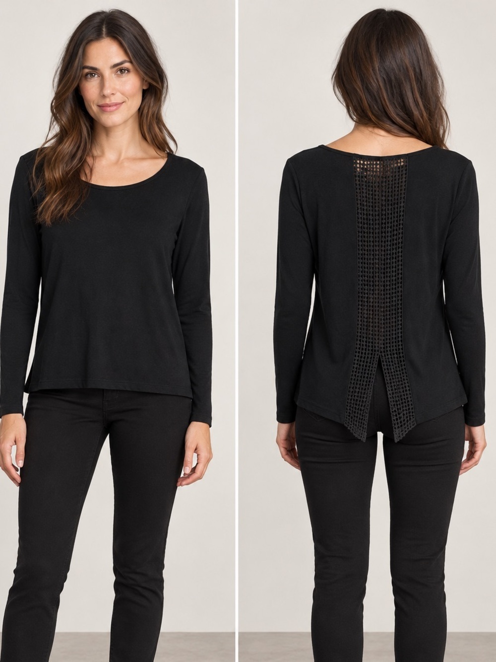 Kensie Black Crochet Lace Back Split Hem Long Sleeve Top Size Small